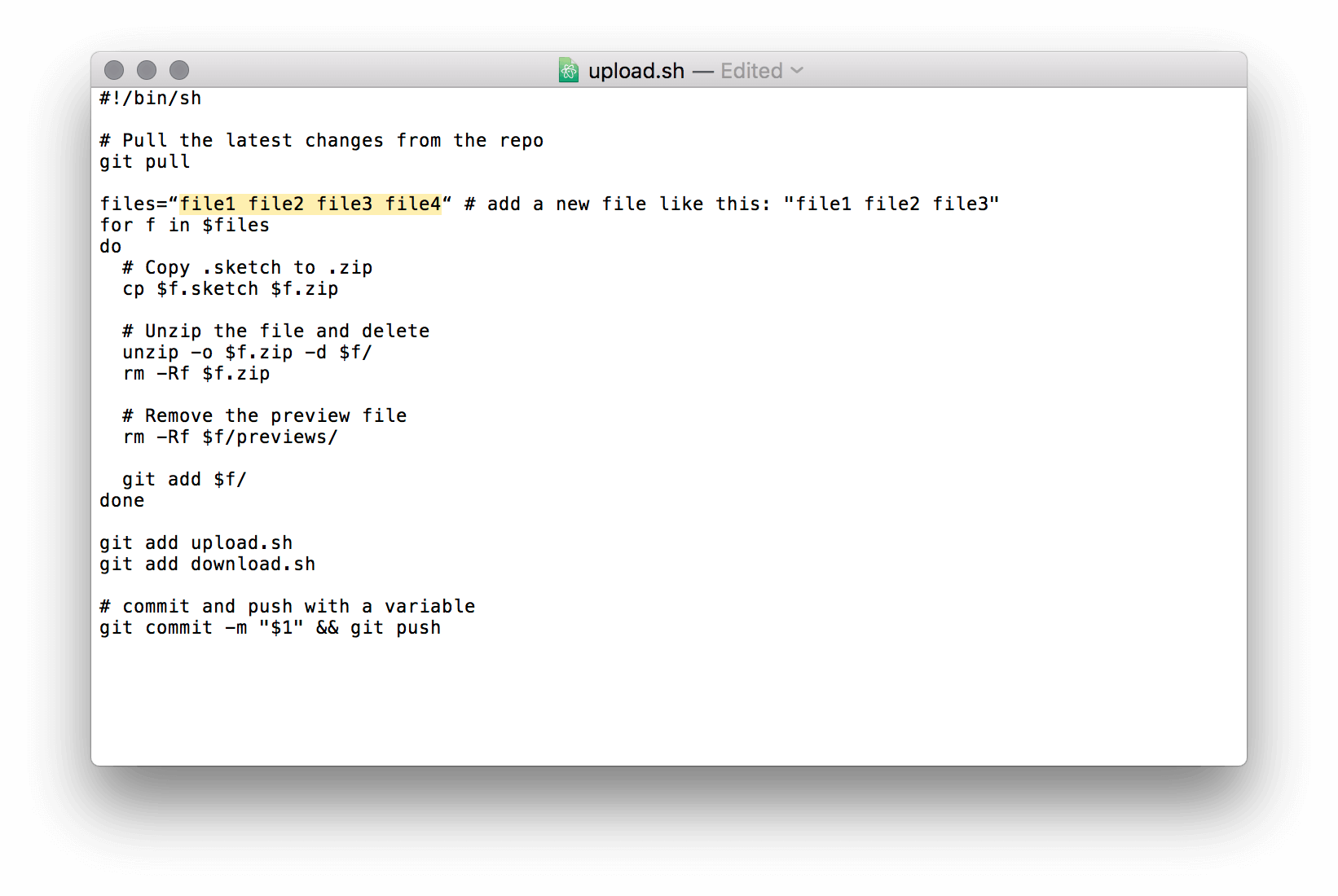 How to add your Sketch files into the file upload.sh script.