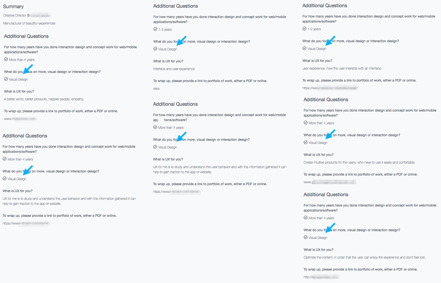 Cover letters from designers who applied for roles at blended.io.